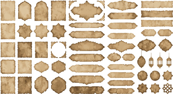 Set of vintage parchment paper frames and ornate borders for rustic wedding invitations and historical document design elements collection with parchment background invitation document