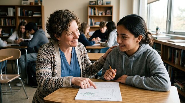 Teacher helps student with math homework in classroom