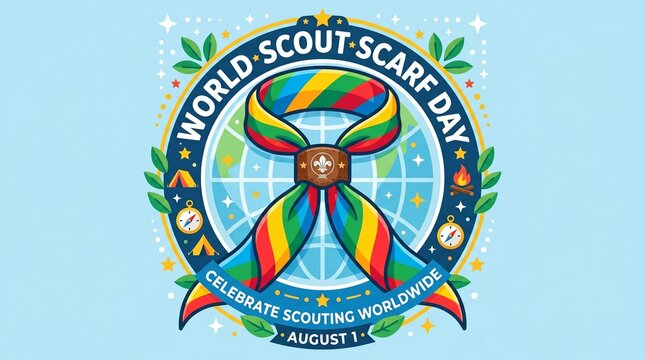 World Scout Scarf Day colorful emblem illustration with globe and camping elements