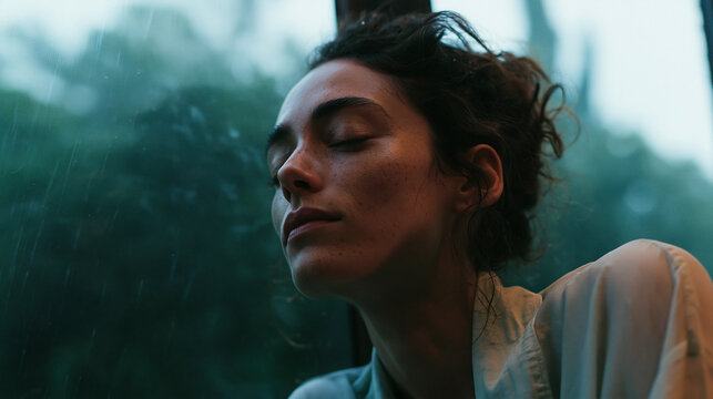 Close-up portrait of a young woman with her eyes closed and her head tilted back, looking out of a window. she appears to be deep in thought or contemplation.
