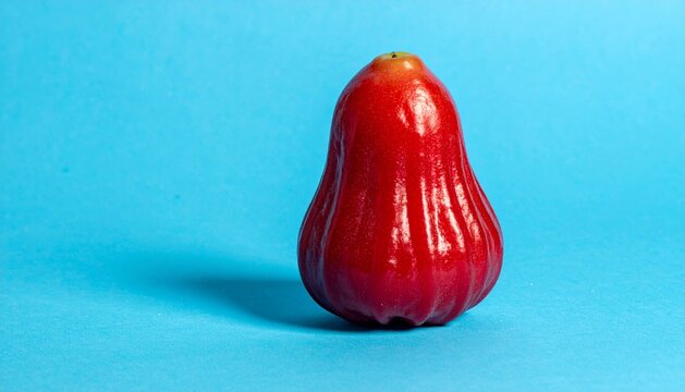 Single Fresh Red Wax Apple Fruit Isolated on Blue Background