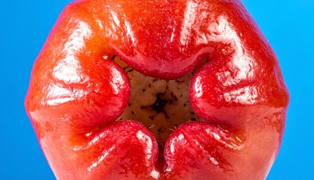 Macro Close-Up of a Ripe Red Wax Apple Isolated on a Blue Background
