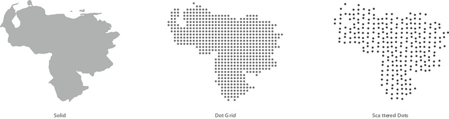 Obraz premium Venezuela map in three different styles solid silhouette, dot grid pattern, and scattered dots