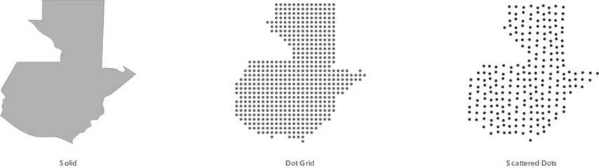 Obraz premium Guatemala map vector illustration set in three styles solid, dot grid, and scattered dots geometric representation of the countrys outline and borders