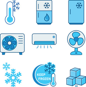 Klimaanlage und K&uuml;hlung Icon Set &ndash; Moderne Vektor Symbole f&uuml;r K&auml;ltetechnik, K&uuml;hlschrank und Ventilator