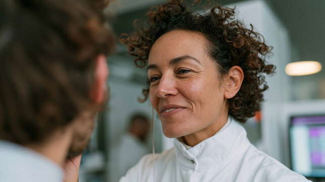 Close-up of a woman's face. she has curly hair and is wearing a white chef's jacket. she is smiling and appears to be engaged in a conversation with a man.