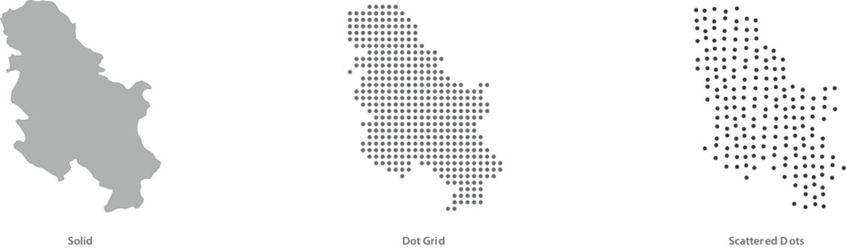 Set of serbia map silhouettes in different styles solid, dot grid, and scattered dots