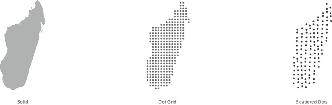 Set of madagascar map illustrations solid silhouette, dot grid pattern, and scattered dots style