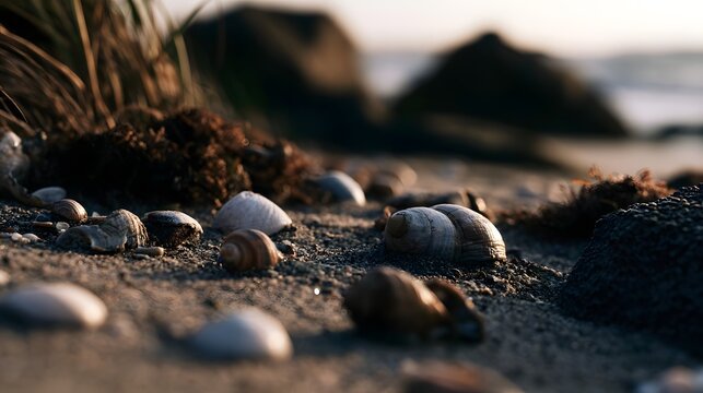 A worm s eye view captures the rich texture and depth of a sandy beach filled with shells and natural organic elements
