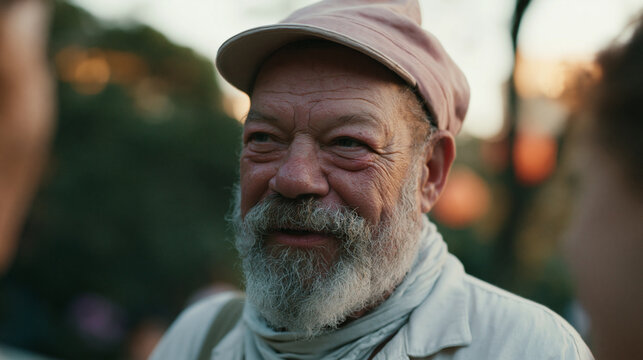 Close-up portrait of an elderly man with a white beard and mustache. he is wearing a beige cap and a light-colored shirt. he has a big smile on his face and is looking directly at the camera.