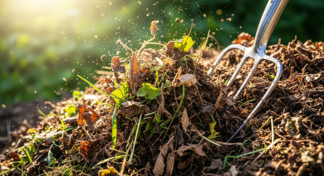 Turning compost pile with metal pitchfork sustainable gardening process with organic waste recycling. Ideal for eco farming, environmental education, and green lifestyle concepts.