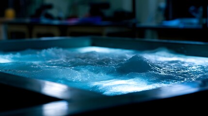 Fototapeta premium A dynamic view of gentle water waves and foam in an industrial research laboratory setting highlighting glowing textures