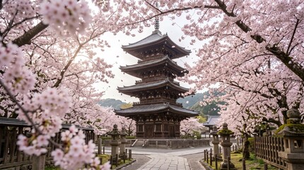Naklejka premium Five Story Pagoda Surrounded by Blooming Cherry Blossoms in Spring