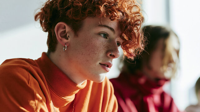 Close-up portrait of a young man with curly red hair. he is wearing an orange turtleneck sweater and has a pair of earrings on his left ear.