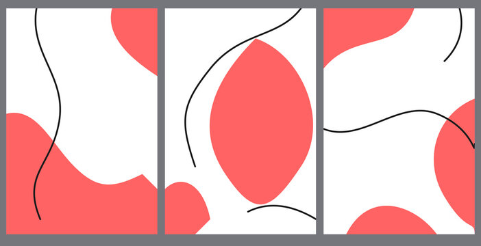 Abstract triptych wall art with organic coral shapes and thin black line strokes