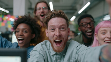 Obraz premium Group of five young people, three men and three women, in an office setting. they are all smiling and laughing, with one man in the center of the group taking a selfie with his phone.