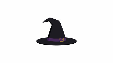 Fototapeta premium Classic Black Witch Hat with Purple Ribbon and Gold Buckle Isolated on White Background