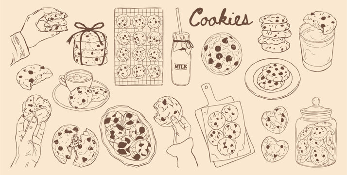 hand drawn set of chocolate chip cookies. included cookies with milk, cookies in jars, on serving boards, cooling racks, plates, and being held by hands. for bakery designs, recipe cards, food menus.