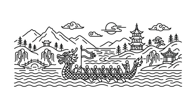 Traditional Chinese dragon boat racing with rowers on water.