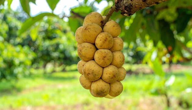 Fresh Longkong or Langsat Fruit Bunch Hanging on Tree Branch in Tropical Orchard