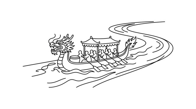A detailed line art illustration of a traditional Chinese dragon boat with rowers on a river.