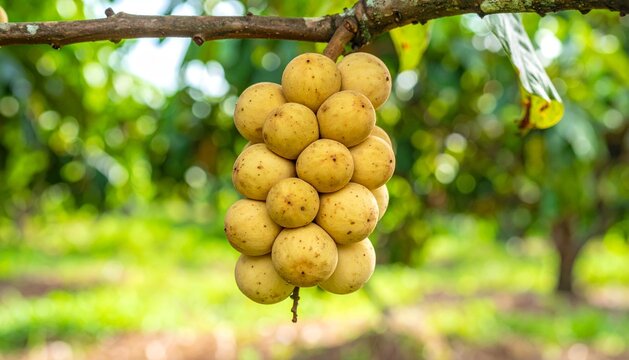 Fresh Longkong fruit cluster hanging on tree branch in tropical orchard
