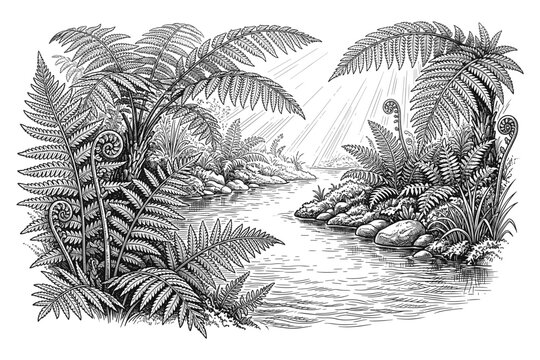 Lush fern forest illustration engraving style river nature vector.