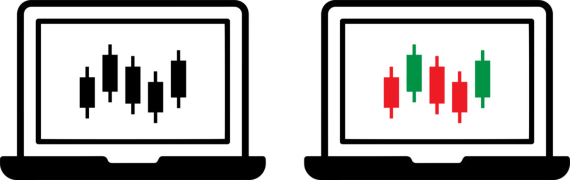 Laptop computers with candlestick charts on screens