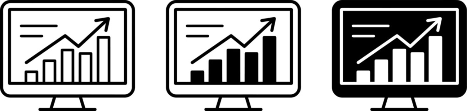 Set of computer monitor icons with growth charts