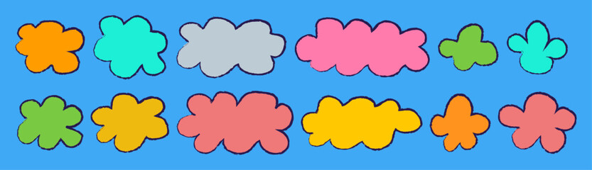 Obraz premium Fluffy label shape Colorful cloud shaped and crayon frame Speech label for border design isolated and sticker think Vector illustration set