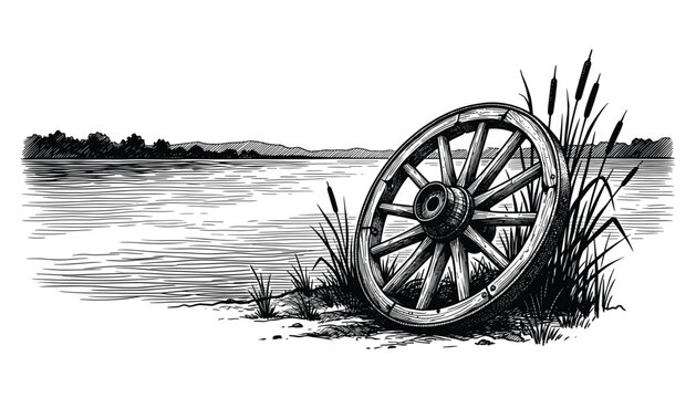 Old wooden wagon wheel resting by waters edge with cattails and distant landscape.