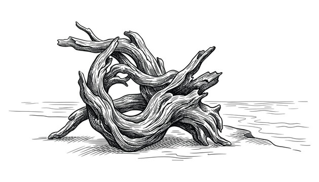 Twisted driftwood log on sandy shore vector illustration.