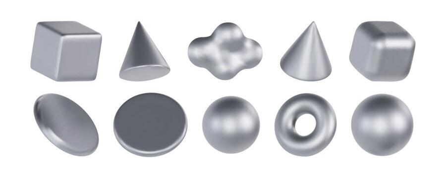 3d silver geometric shapes objects set 3d argent geometry Realistic elements isolated on metallic color gradient
