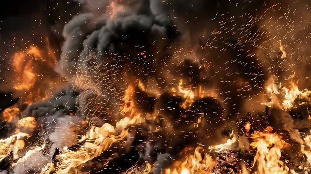 Intense fire explosion with dark smoke and flying sparks. Massive conflagration during combat operation. Devastating war destruction and burning debris background.