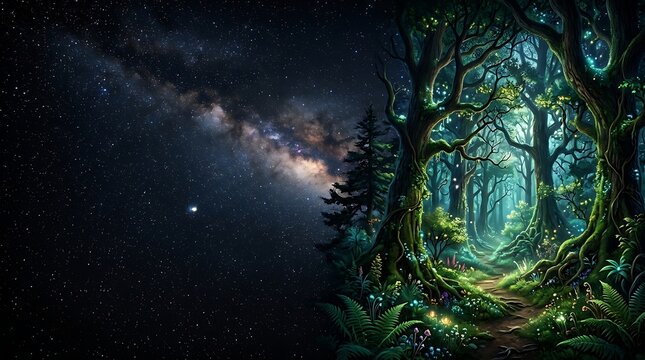 Magical forest path under a starry night sky and milky way