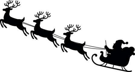 Elegant black silhouette of Santa Claus in a sleigh pulled by flying reindeer through a bright white festive night sky © Vector Expert