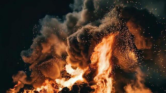 Large explosion with massive fire and dark smoke in battlefield. Intense blast cloud with flying sparks. Military conflict impact, dangerous war weapon detonation.
