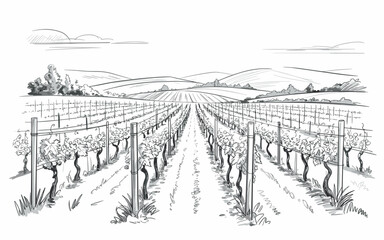 Fototapeta premium Peaceful hand-drawn sketch of rows of grapevines on rolling hills under bright morning light in a rural winery setting.