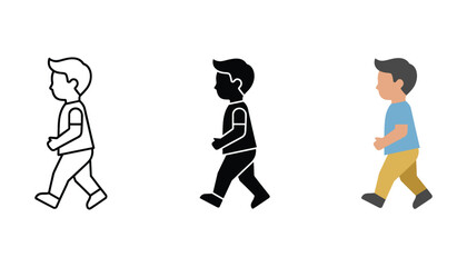 Little boy walking forward icon set featuring outline silhouette and flat color design for movement and active lifestyle themes © TARU STOCKPLC