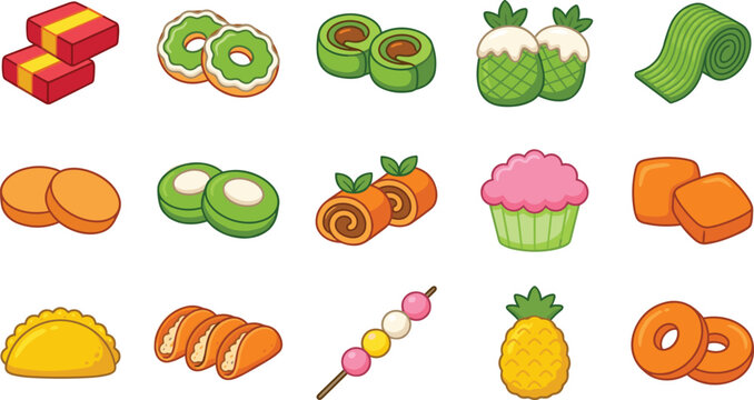 Traditional Indonesian Indonesian Snack and Sweet Dessert Vector Icon Set for Bakery Menu Graphic Elements