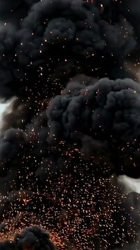 Massive explosion with thick black smoke and bright sparks. Military missile strike in urban area. Danger and destruction from violent combat in war conflict zone. Vertical video