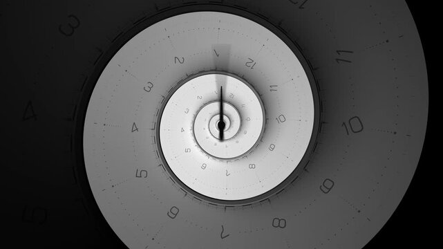 Abstract modern white spiral clock dial with arabic numerals. Concept of Infinite time, deadline, scheduling, time management, time travel, time and space, past, present and future.