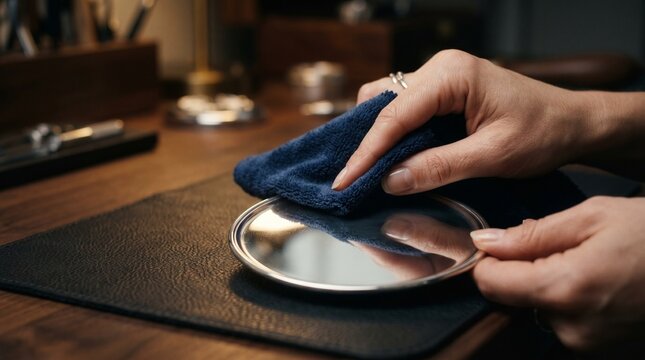 Close up of hands polishing a silver dish with a blue cloth on a wooden desk Behind the scenes tournament