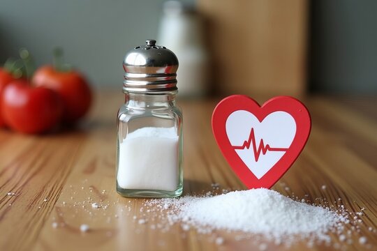 on the heart shape and heartbeat symbol on the salt shaker, promoting low sodium intake for a healthy heart. Displayed on a rustic wooden desk.