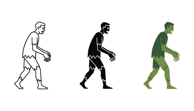 Zombie walking with arms outstretched icon set in minimalist line and solid vector styles