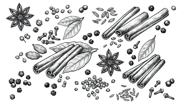 Assortment of spices including star anise, cinnamon, pepper, bay leaves, cloves vector illustration.