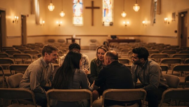 Cozy church hall with rows of chairs and soft lighting focused on a small circle of people sharing support blurred background emphasizing intimacy and privacy.