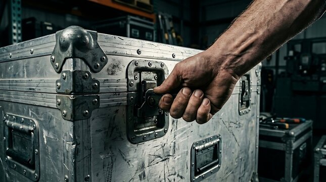 Hand closing latch on heavy duty flight case in warehouse Behind the scenes tournament