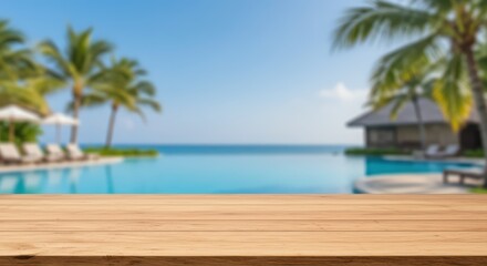 Fototapeta premium Empty wood table surface in front of blurred tropical resort background. Showcase for product placement or montage, promotion, mock up, show for summer vacation sale banner or poster.