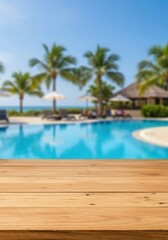 Obraz premium Blank wooden table against blur tropical resort background with pool and palm trees. Showcase for product display or advertisement on summer vacation theme for banner or poster with empty space. 